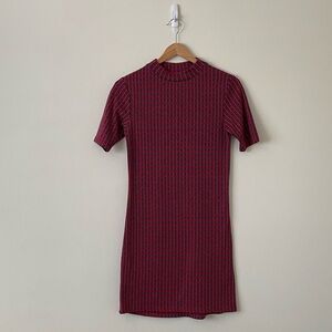 Topshop Red Ribbed Mini Dress Mock Neck Short Sleeve